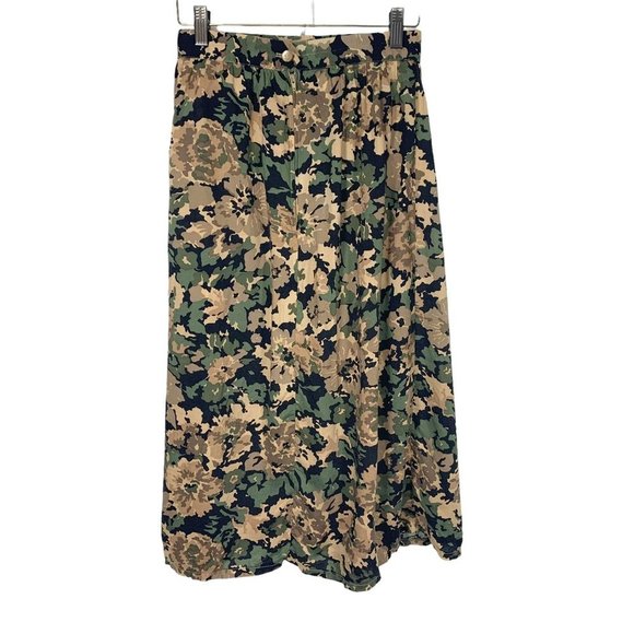 Vintage 90s Green Tan Floral Print Full Skirt Small - Picture 2 of 7